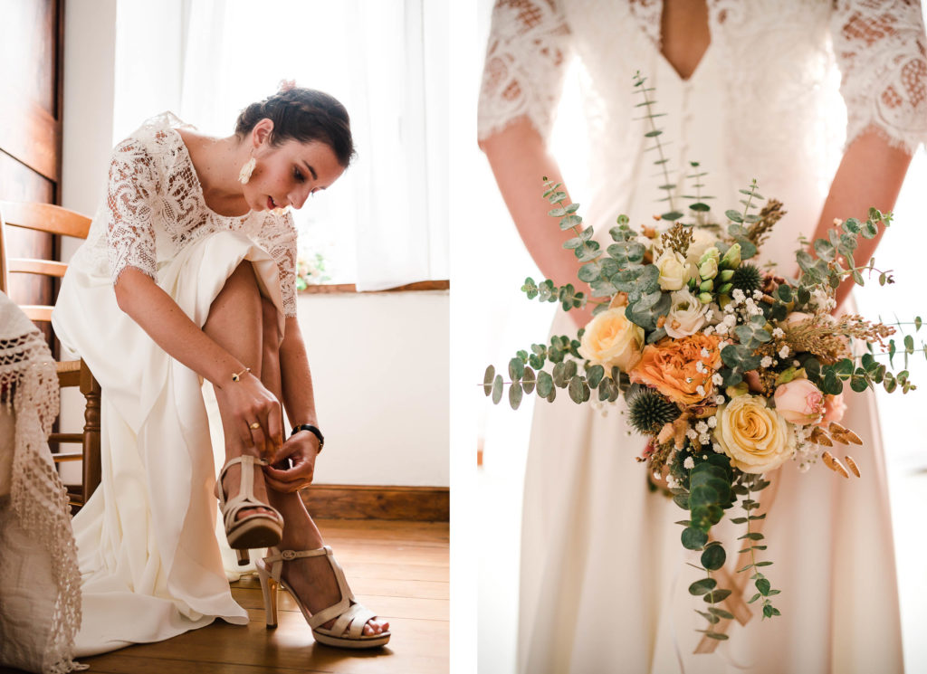 préparatifs de la mariée chaussures et bouquet